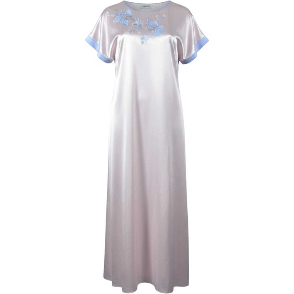 Vintage Natori Neiman Marcus Pink Satin Caftan Nightgown Blue Floral Applique XL